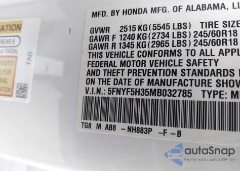 2021 Honda Pilot 2Wd Ex из США, поврежденный, VIN 5FNYF5H35MB032785